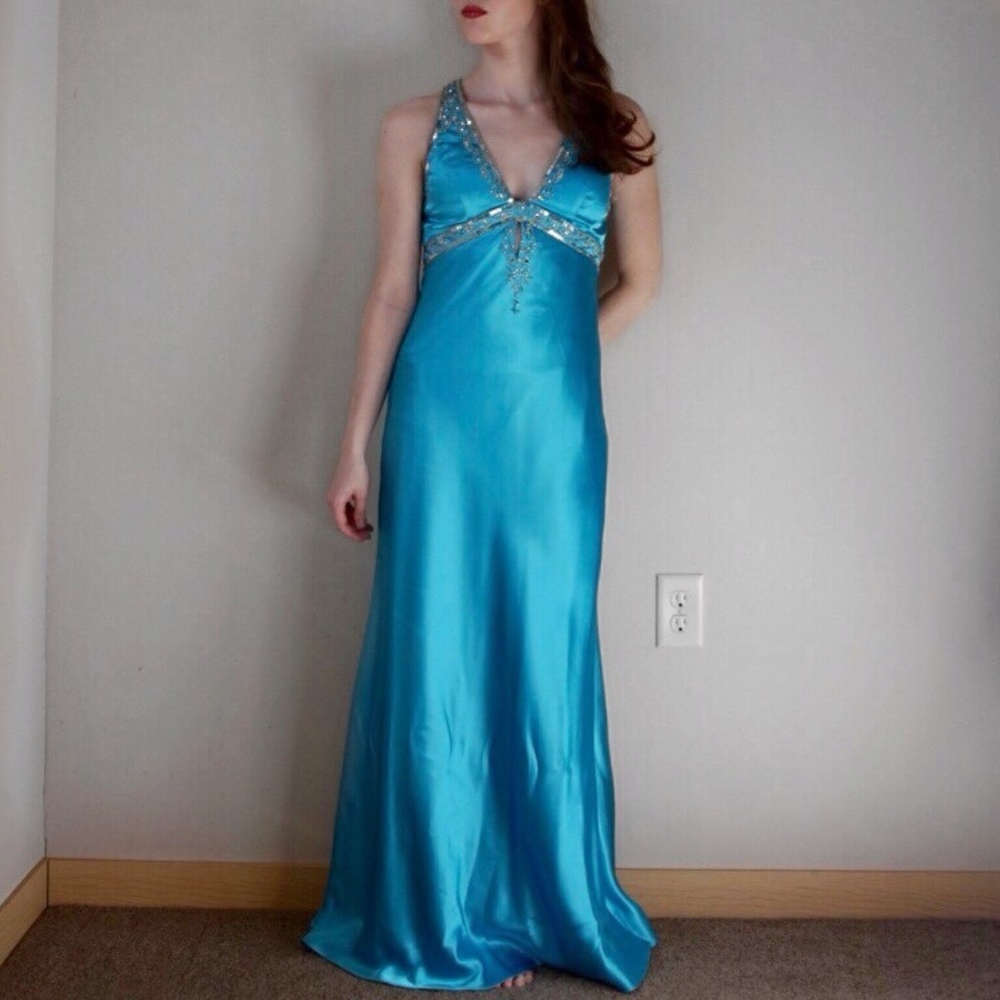 David's Bridal Blue Satin Beaded Elsa Prom Dress